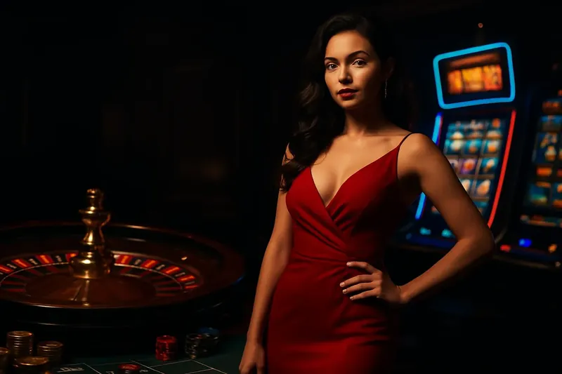 Elegant Casino Banner Beautiful woman in red dress posing confidently near roulette and slot machines in a luxury Bangladeshi casino with neon lights, gold coins, and poker chips
