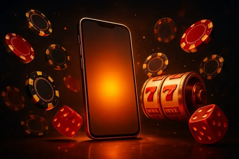 Glowing Smartphone Casino Banner Glowing smartphone surrounded by casino chips, slot reels, and dice on a dark luxurious background